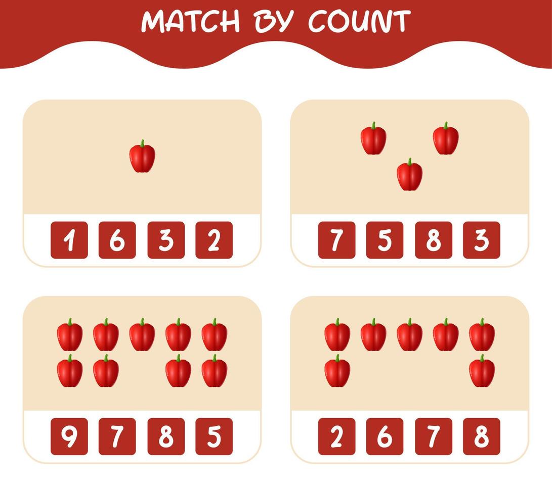 matcha efter antal av tecknad paprika. match och räkna spel. pedagogiskt spel för barn och småbarn i förskoleåldern vektor