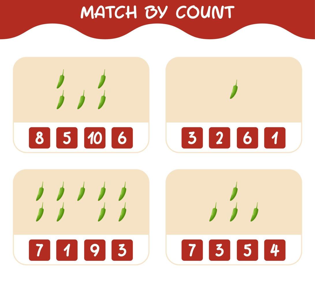 Übereinstimmung durch Zählung der grünen Chilischoten der Karikatur. Match-and-Count-Spiel. Lernspiel für Kinder und Kleinkinder im Vorschulalter vektor