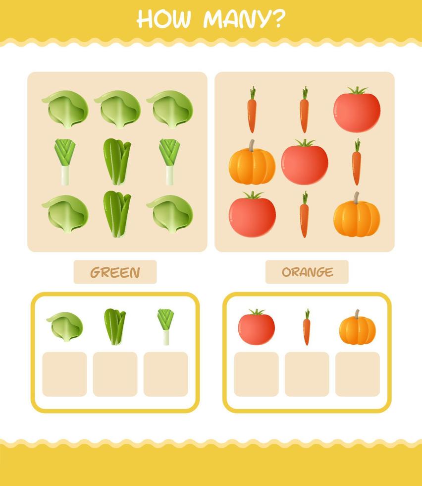 hur många tecknade grönsaker. räknespel. pedagogiskt spel för barn och småbarn i förskoleåldern vektor
