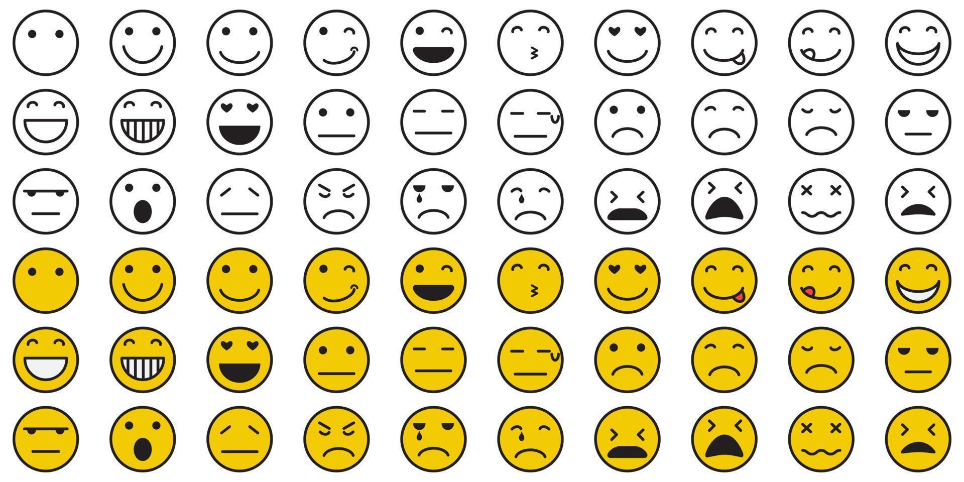 uppsättning av tecknade uttryckssymboler. emoji-ikoner. sociala medier uttryckssymbol leende. gula ansikten som uttrycker känslor. vektor illustration.
