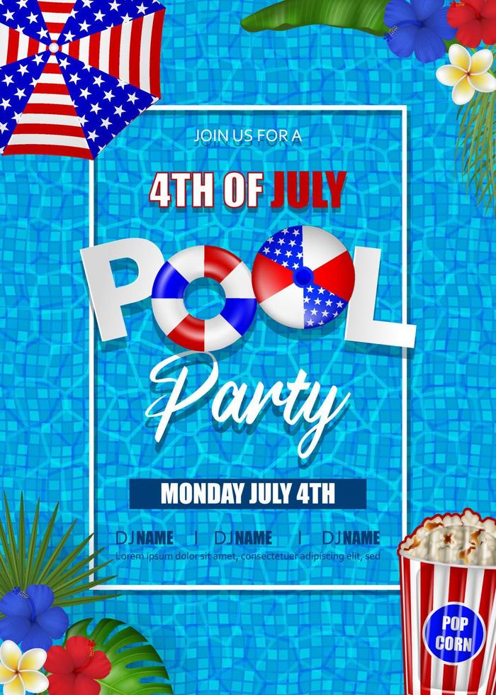 4. juli poolparty hintergrund. amerikanisches unabhängigkeitsplakat mit aufblasbaren und tropischen pflanzen auf poolwasserhintergrund vektor