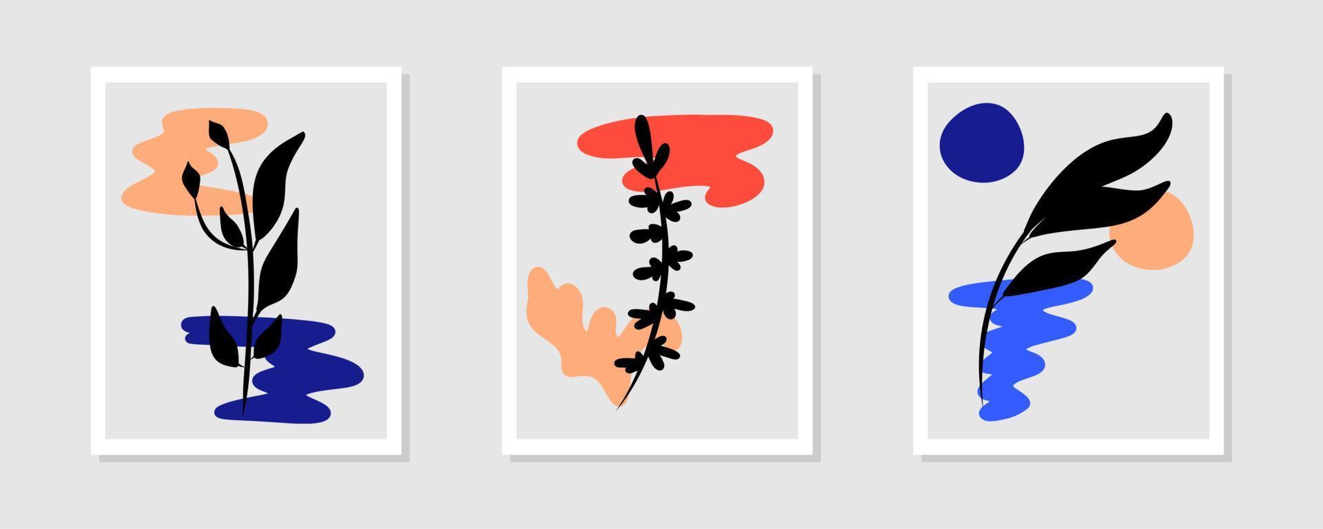 botanische abstrakte zeitgenössische Mitte des Jahrhunderts moderne Blumenblätter Boho-Plakat-Abdeckungsschablone. Minimale und natürliche Kompositionen für Postkarten, Cover, Tapeten, Wandkunst. vektor