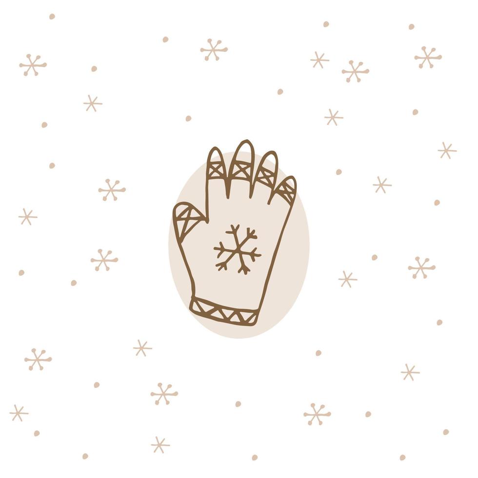 eine handgezeichnete Winterkleidung. Vektorillustration im Doodle-Stil. Winterstimmung. hallo 2023. frohe weihnachten und ein gutes neues jahr. braune Fäustlinge mit Ornament auf weißem Hintergrund mit Schneeflocken. vektor