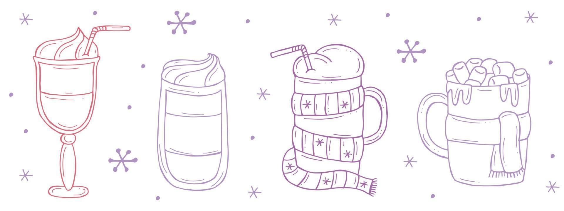 uppsättning av en värmande vinterdrycker på en vit bakgrund. vektor illustration i doodle stil. vinterstämning. hej 2023. god jul och gott nytt år.