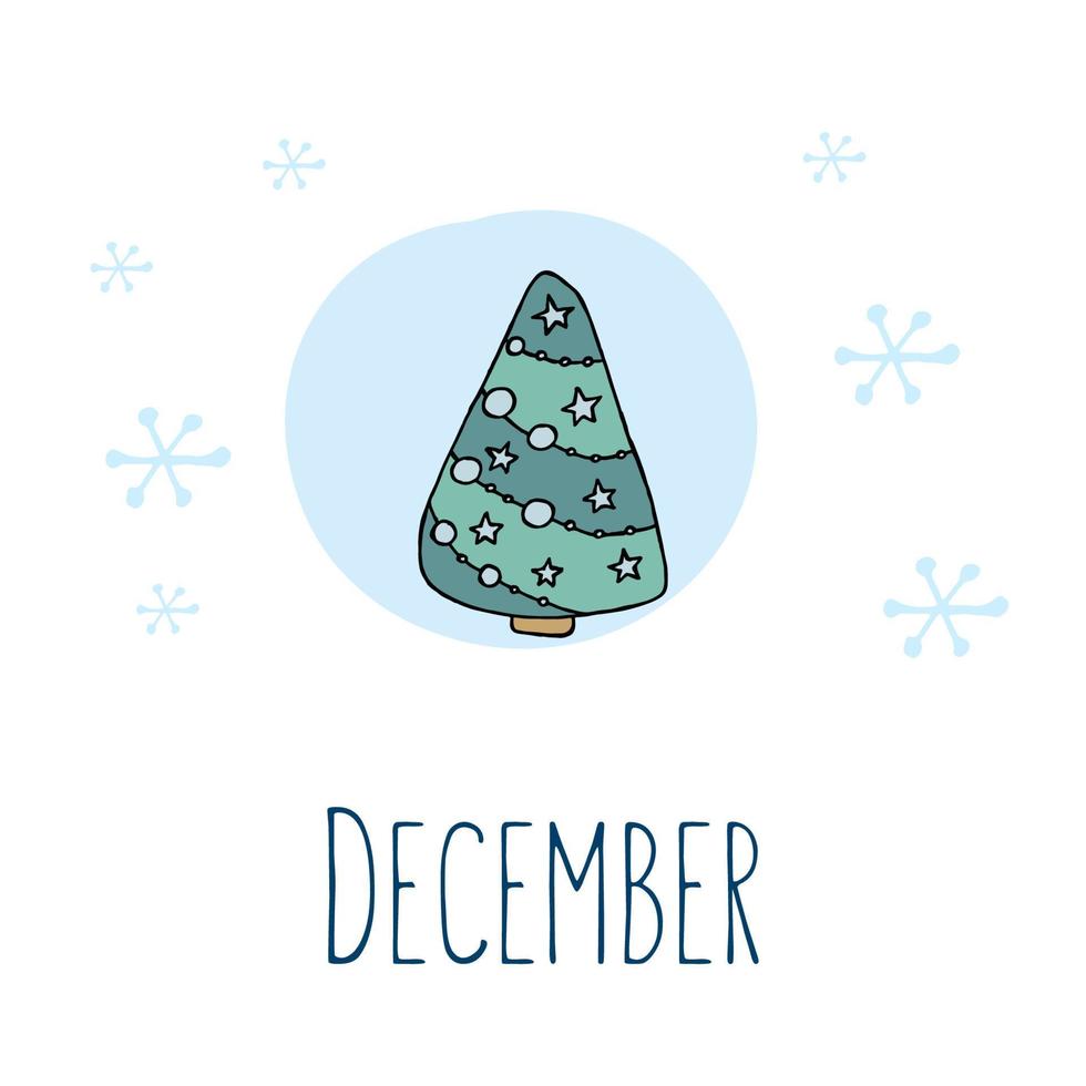 en handritad julgran. färgad vektorillustration i doodle stil. vinterstämning. hej 2023. god jul och gott nytt år. grönt träd med en blå leksaker och snöflingor på en vit bakgrund. vektor