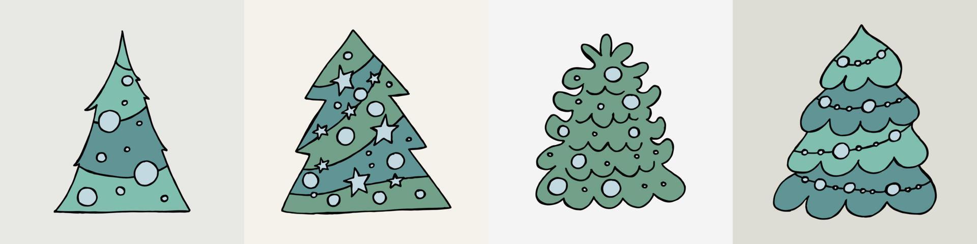ein handgezeichneter Weihnachtsbaum. Vektorillustration im Doodle-Stil. Winterstimmung. hallo 2023. frohe weihnachten und ein gutes neues jahr. Grüne Bäume mit blauem Spielzeug auf grauem Hintergrund. vektor