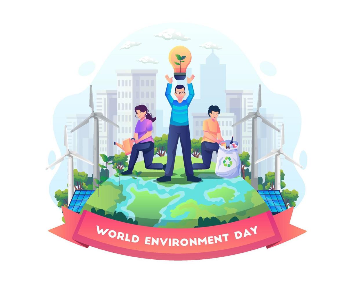 World Environment Day-konceptet med människor skyddar naturen genom att använda ekoenergi. rädda planeten, spara energi. jordens dag koncept. platt stil vektorillustration vektor