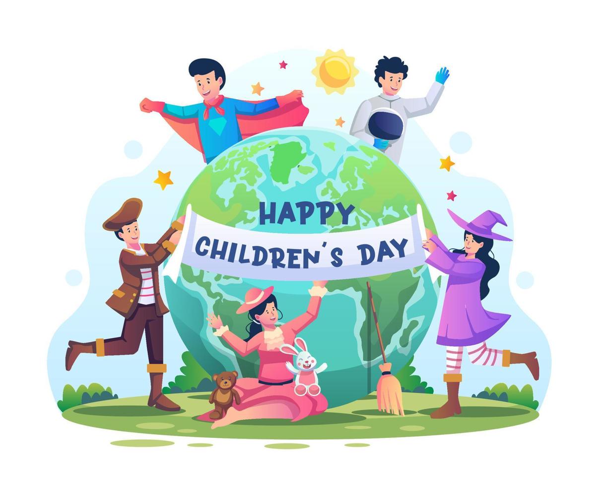 barn runt om i världen bär kostymer som superhjältar, astronauter, pirater, häxor och sagoprinsessor för att fira barnens dag. platt stil vektorillustration vektor
