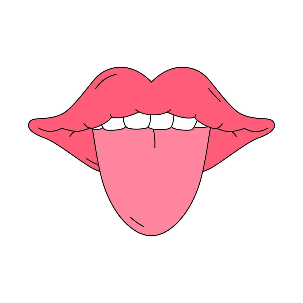 öppen mun med tungan som sticker ut i traditionell tecknad stil. vektor illustration isolerad på vit bakgrund. symbol för passion och sexualitet för klistermärke, tryck, affisch, gratulationskort