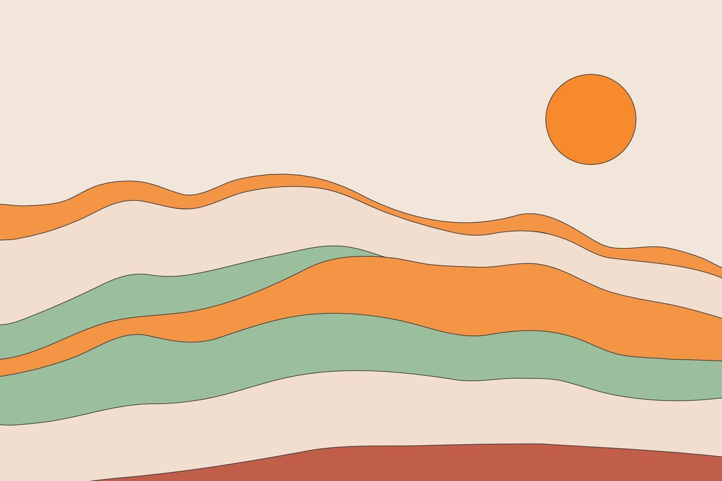 farbige Linien von Bergen. Designhintergrund des kleinen orangefarbenen Kreises. Landschaftskomposition in trendiger Kunst vektor