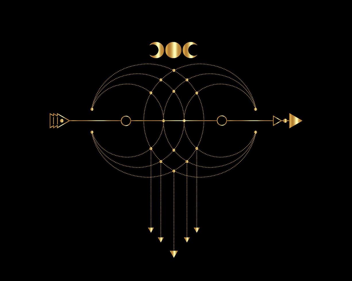 heilige geometrie, mystischer pfeil und halbmond, gold gepunktete linien im boho-stil, wiccan-ikone, esoterische mystische magische himmlische talisman der alchemie. spiritueller Okkultismus-Vektor isoliert auf schwarz vektor