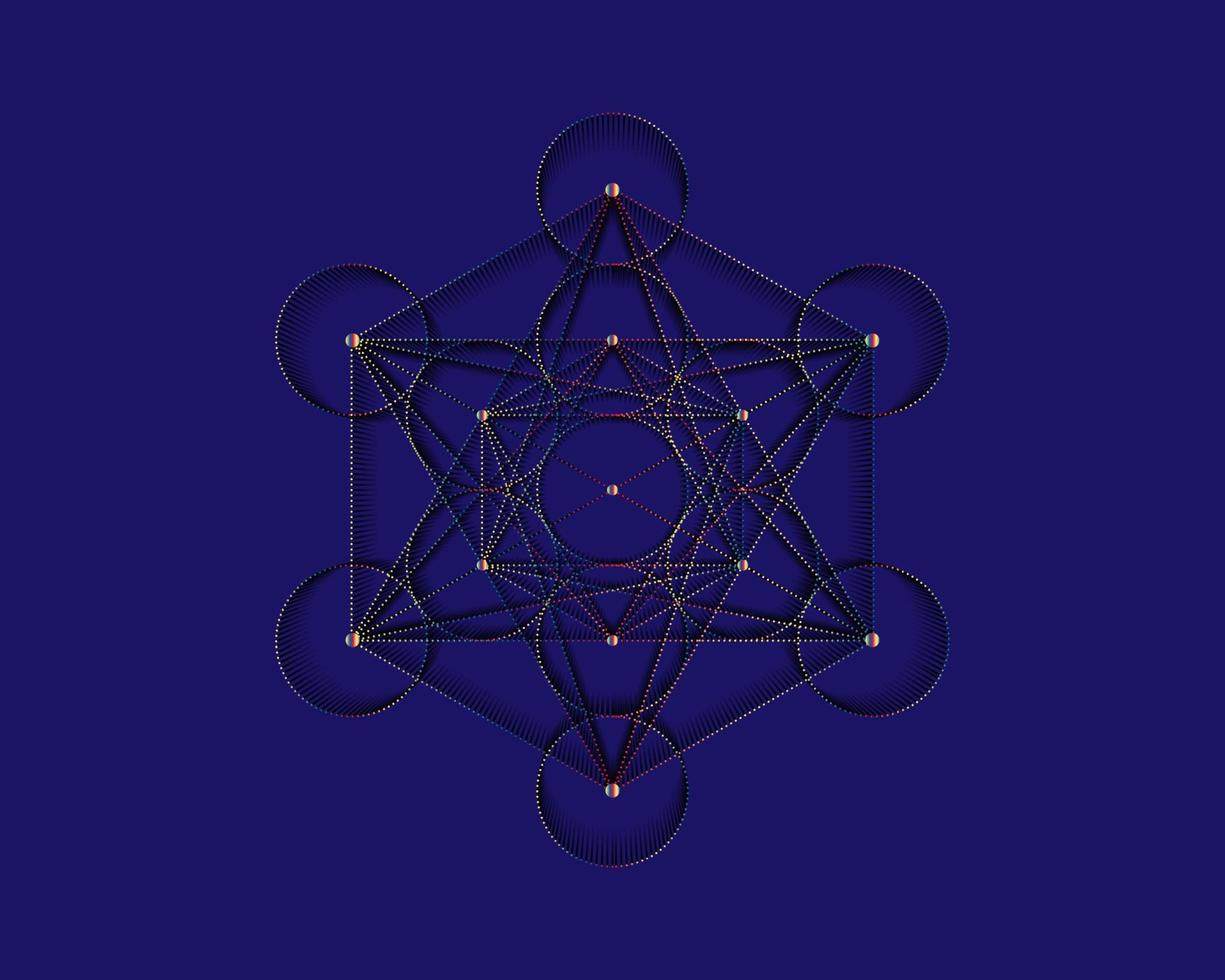 metatrons kub, livets blomma. helig geometri. mystisk ikon platoniska fasta ämnen merkabah, abstrakt geometrisk färgglad gradient design, gröda cirklar tecken. grafisk logotyp element vektor isolerad på blå