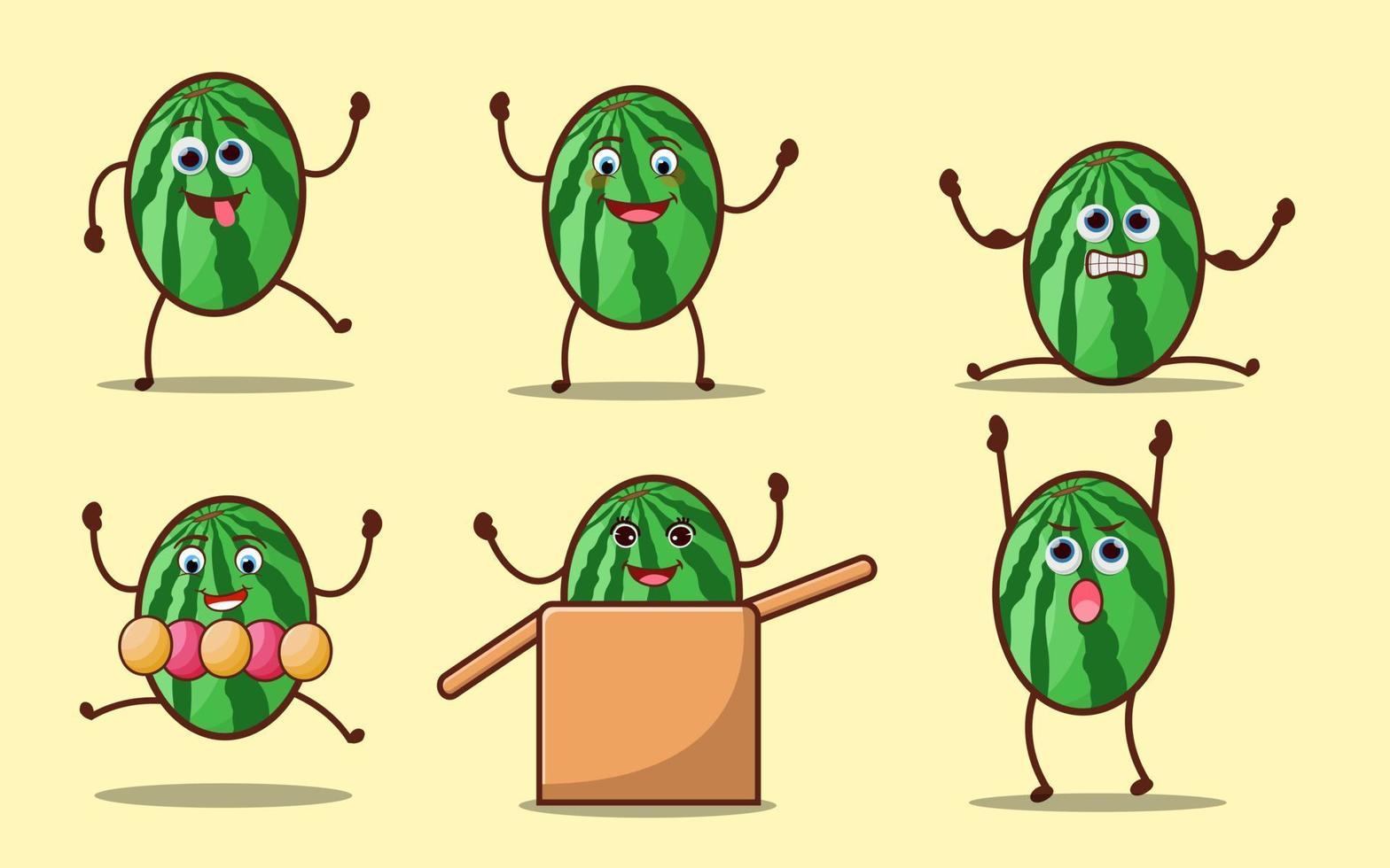 Eine Sammlung von Wassermelonen mit verschiedenen lustigen Ausdrücken und für Symbolvektorillustration vektor