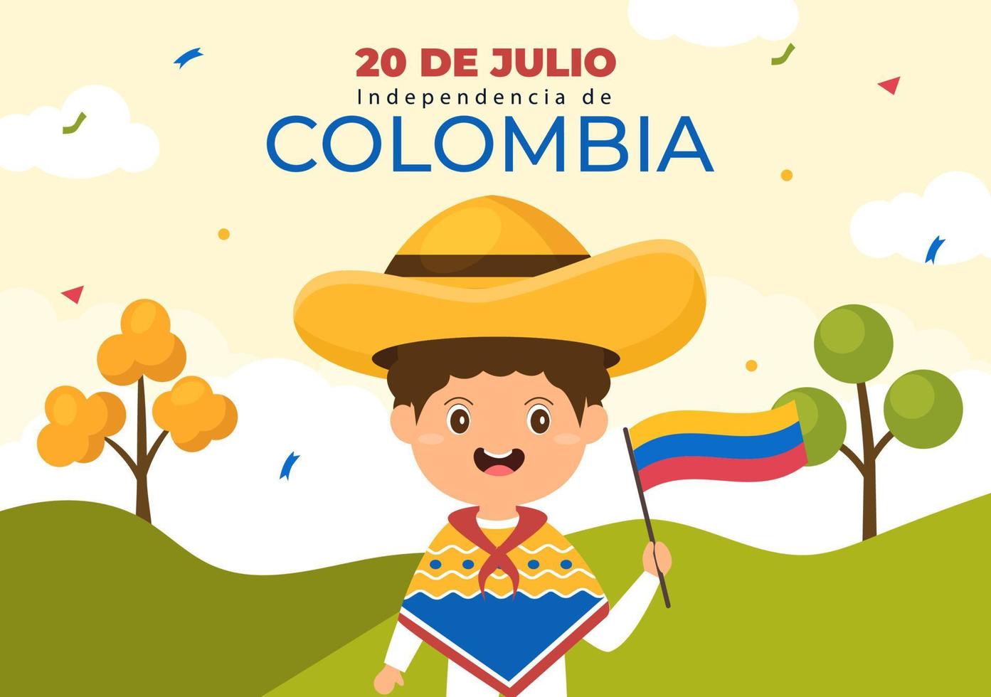 20 julio independencia de colombia tecknad illustration med flaggor, ballonger och söta barnfigurer för affischdesign vektor