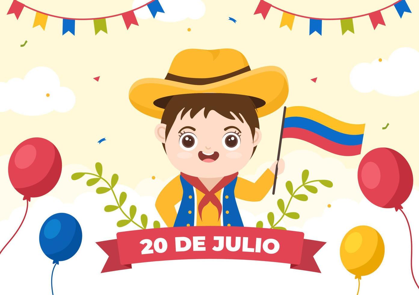 20 de julio independencia de colombia karikaturillustration mit flaggen, luftballons und niedlichen kinderpersonencharakteren für plakatdesign vektor