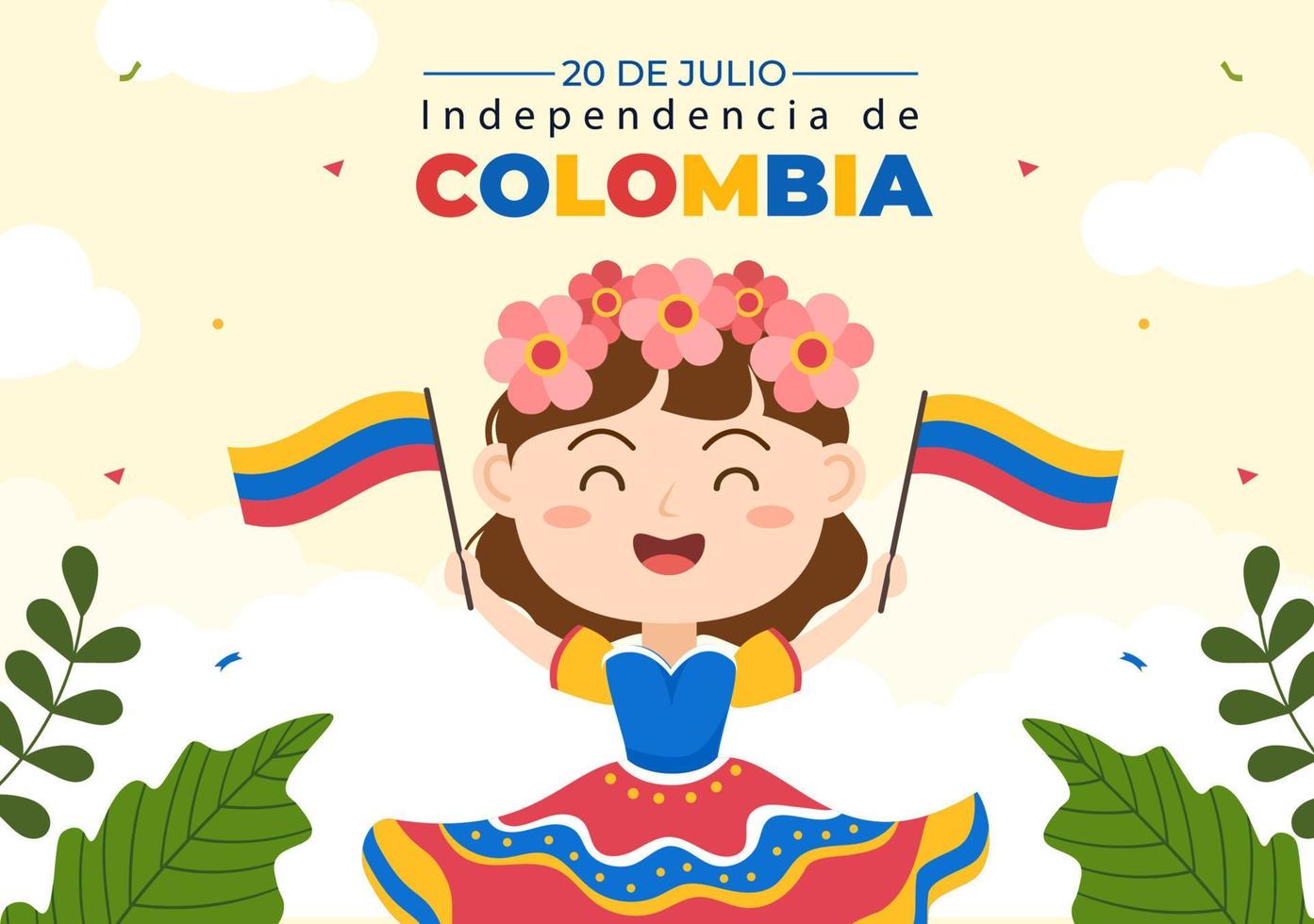 20 julio independencia de colombia tecknad illustration med flaggor, ballonger och söta barnfigurer för affischdesign vektor