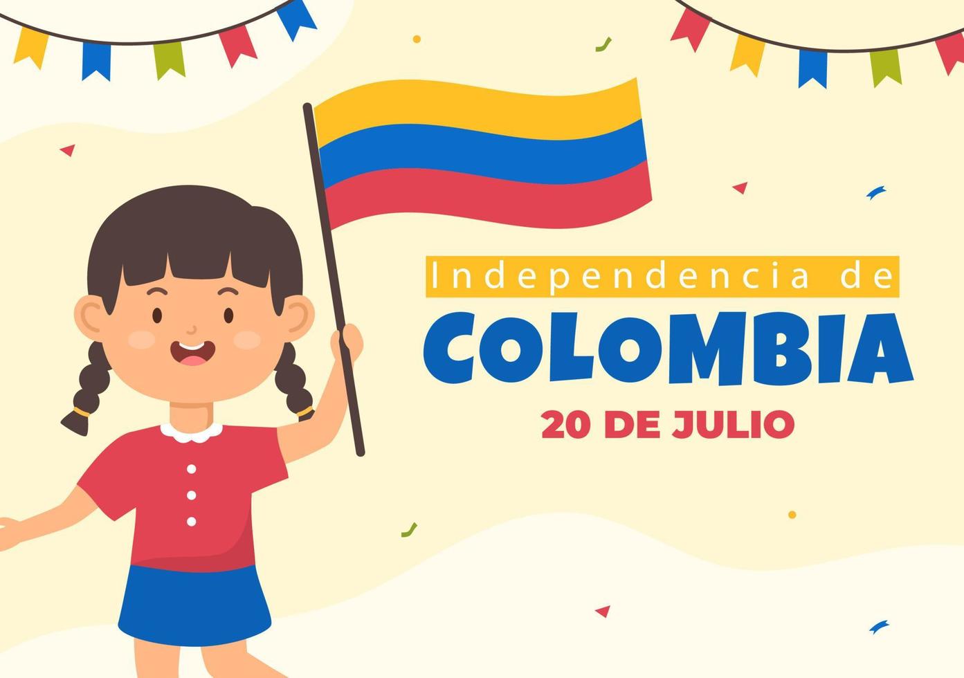 20 julio independencia de colombia tecknad illustration med flaggor, ballonger och söta barnfigurer för affischdesign vektor