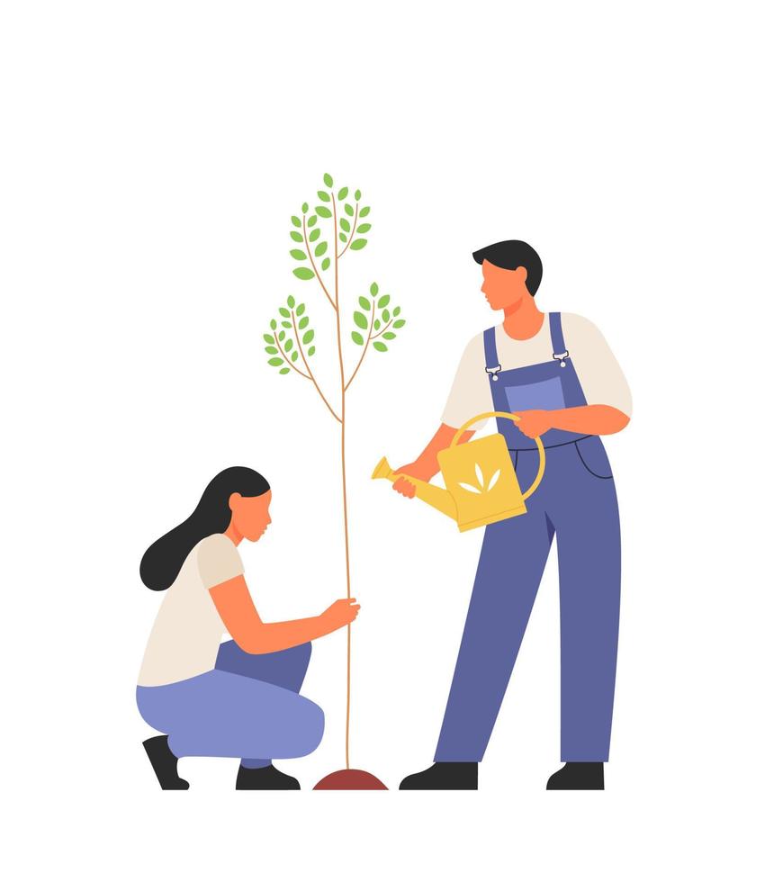 Junge Frau und Mann pflanzen und gießen einen Baum. Menschen kümmern sich um die Umwelt. Anbau und Anbau von Pflanzensprossen. Freiwilligenkonzept. vektor