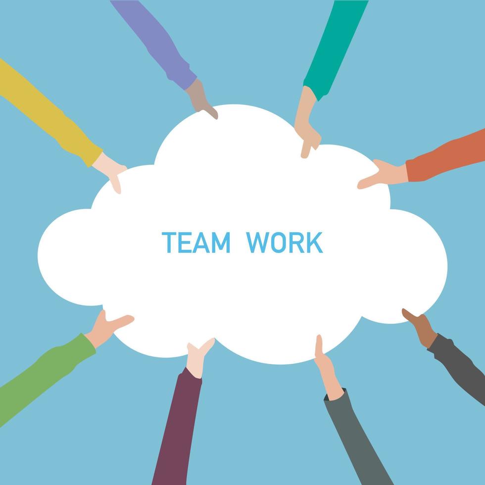 Teamwork und kreatives Brainstorming in der weißen Wolke, die Partnerschaft, Vektor und flaches Design der Illustration verbindet.