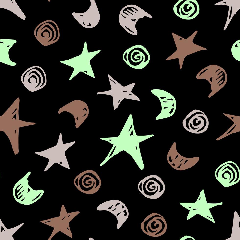einfache abstrakte Vektor nahtlose Muster. Sterne, Kreise, Spiralen auf schwarzem Hintergrund. zum Bedrucken von Stoffen, Textilien, Bekleidung.
