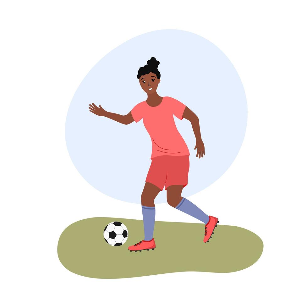 kvinnlig fotboll. fotbollsmatch för damer. platt vektorillustration av afrikansk amerikansk kvinna som spelar fotboll. flicka spelare isolerade vektor