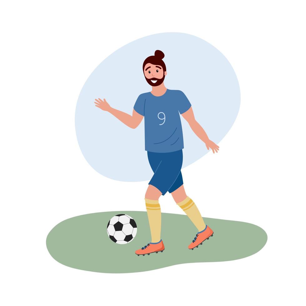 fotbollsspelare isolerad. platt vektorillustration av man som spelar fotboll på gräs. fotbollsspelare i sportuniform springer efter fotboll vektor