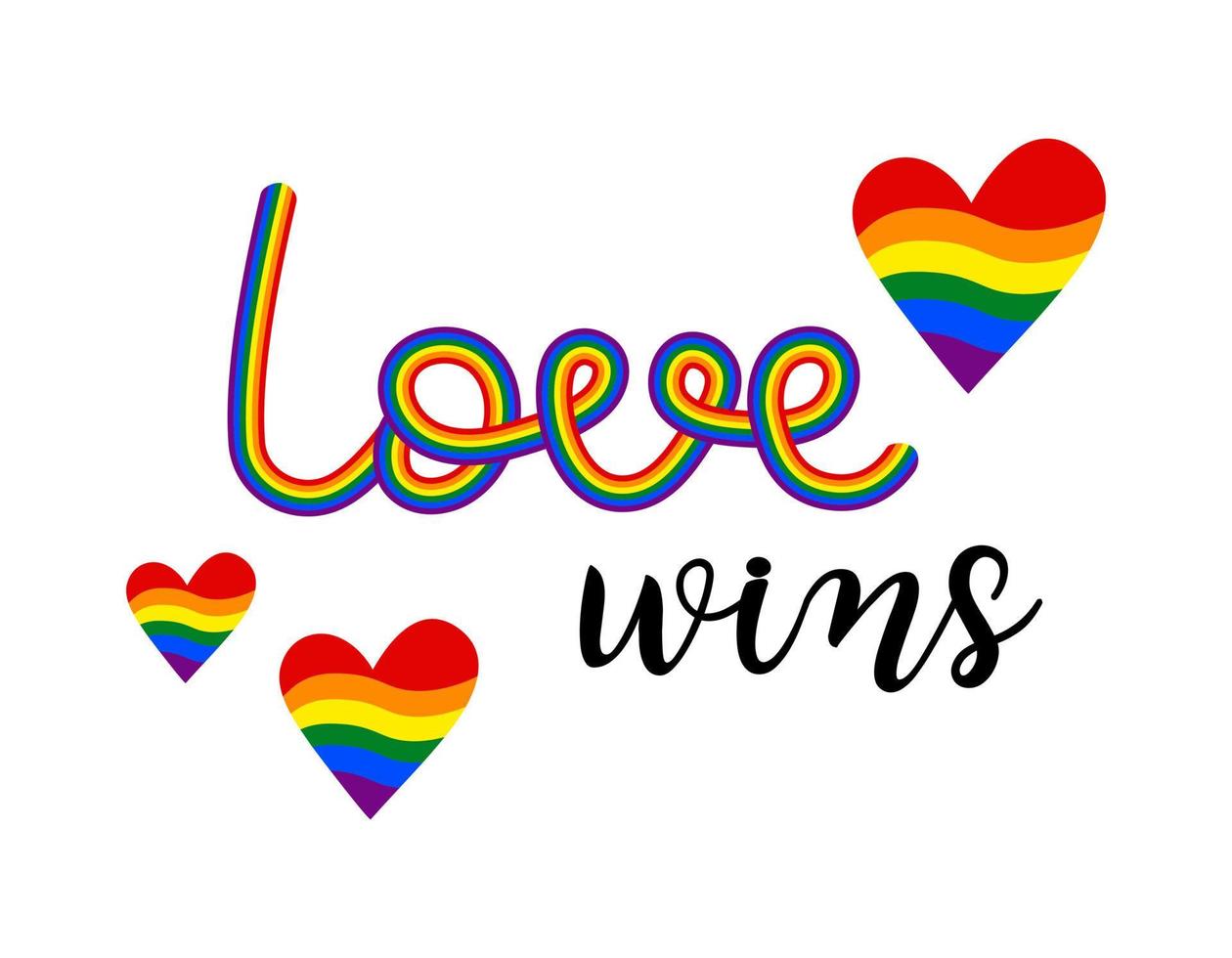 kärlek vinner regnbågsfrasbokstäver. färgglada handritade lgbt-citat och hjärtan isolerade. vektor text illustration