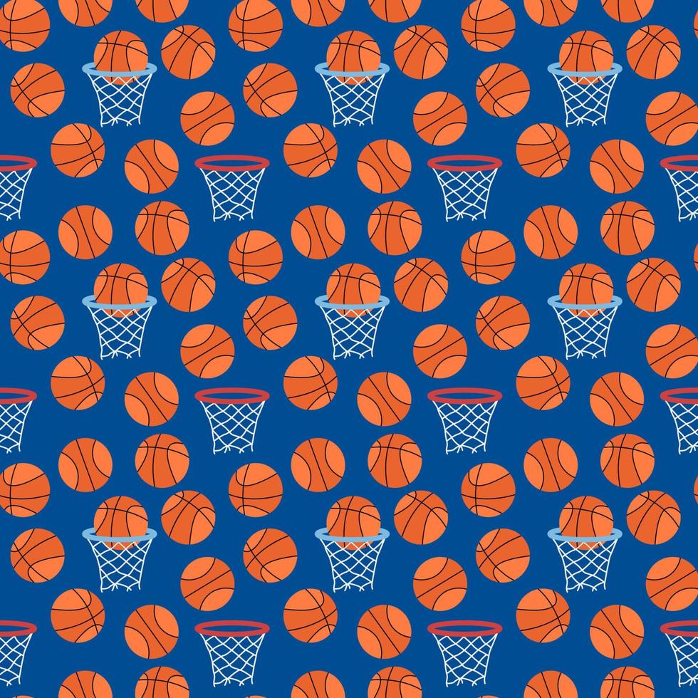 Basketball-Muster. Nahtloser Sporthintergrund mit orangefarbenen Bällen und Korbreifen. flache vektorillustration vektor