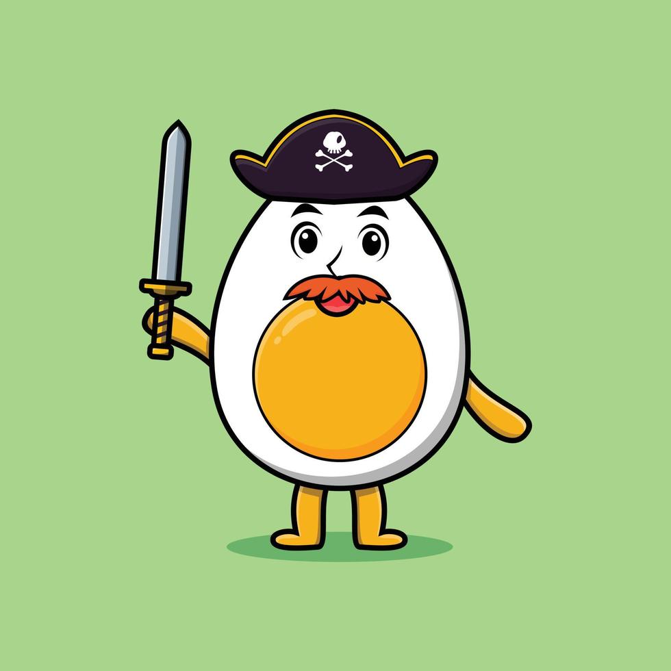 niedlicher Cartoon-Pirat mit gekochtem Ei mit Hut und Schwert vektor