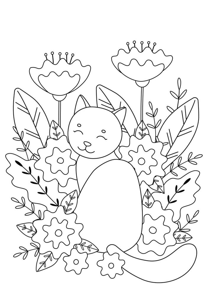 süßes malbuch mit katze in blumen. einfache Formen, Umrisse für Kinder und Erwachsene. Vektorillustration mit bearbeitbarem Strich. vektor