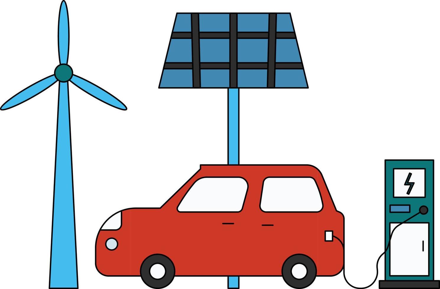 bilen drivs av solenergi och väderkvarnar. vektor