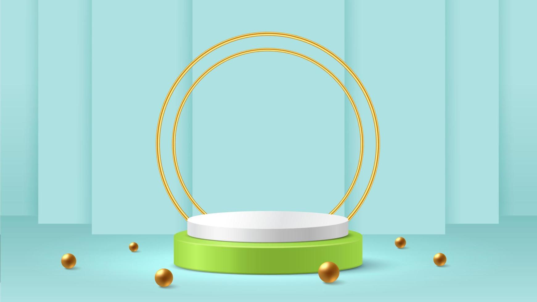 abstraktes weißes und grünes Zylinderpodest mit goldener Kugel, goldene Runde auf mintgrünem Hintergrund. 3D-Vektor-Illustration. vektor