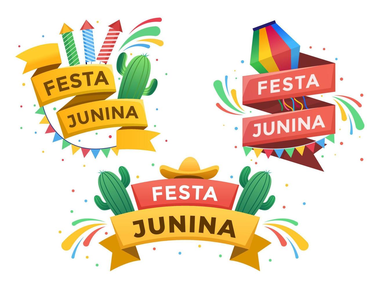 festa junina banddesign med text och med 3 varianter. festa junina designelement. kan användas för banderoller, affischer, flygblad, gratulationskort, vykort, animationer, webb, mallar, utskrifter, etc. vektor