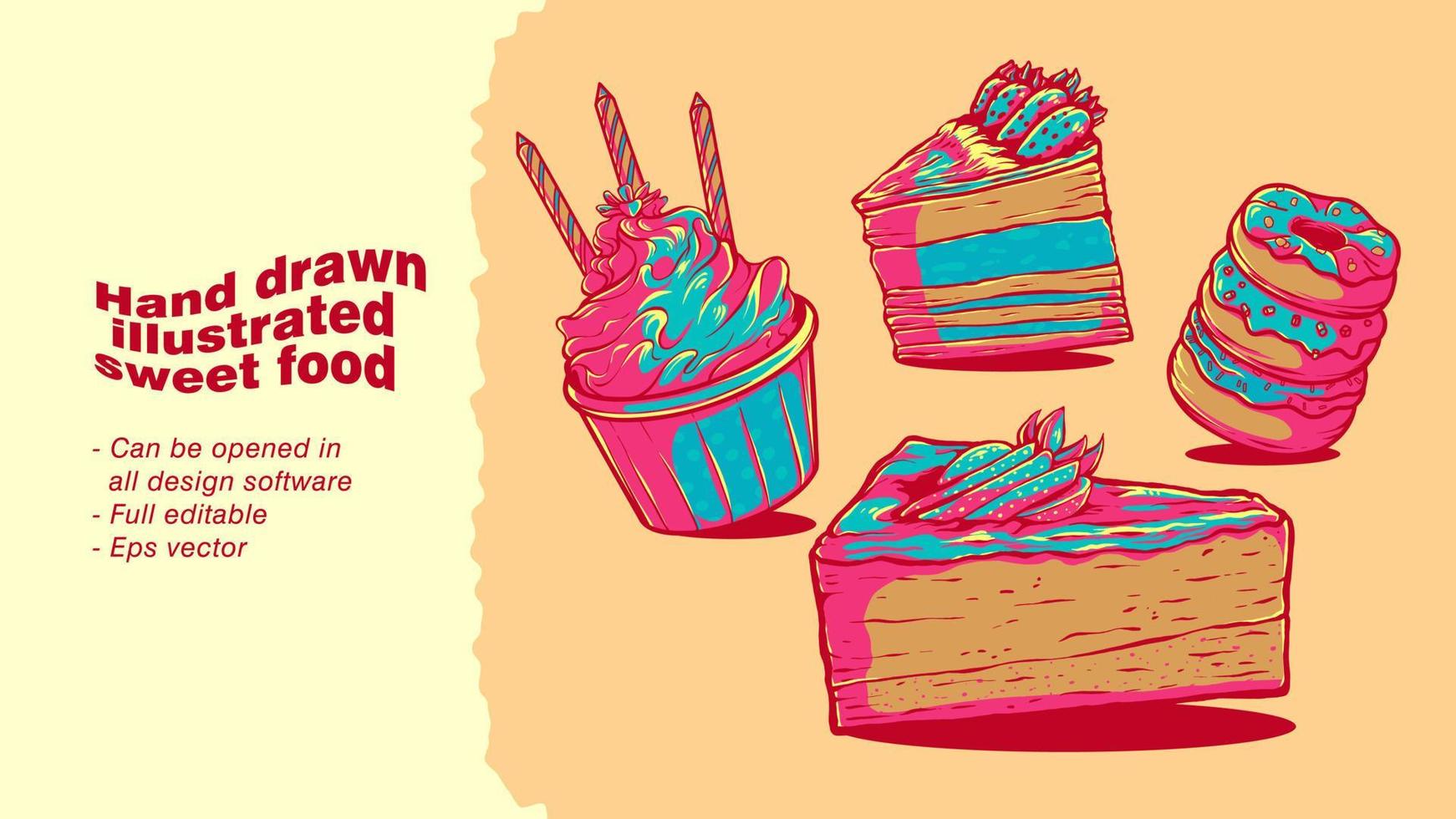 handgezeichnete süße Speisen, Kuchen, Eis, Donut. vektor