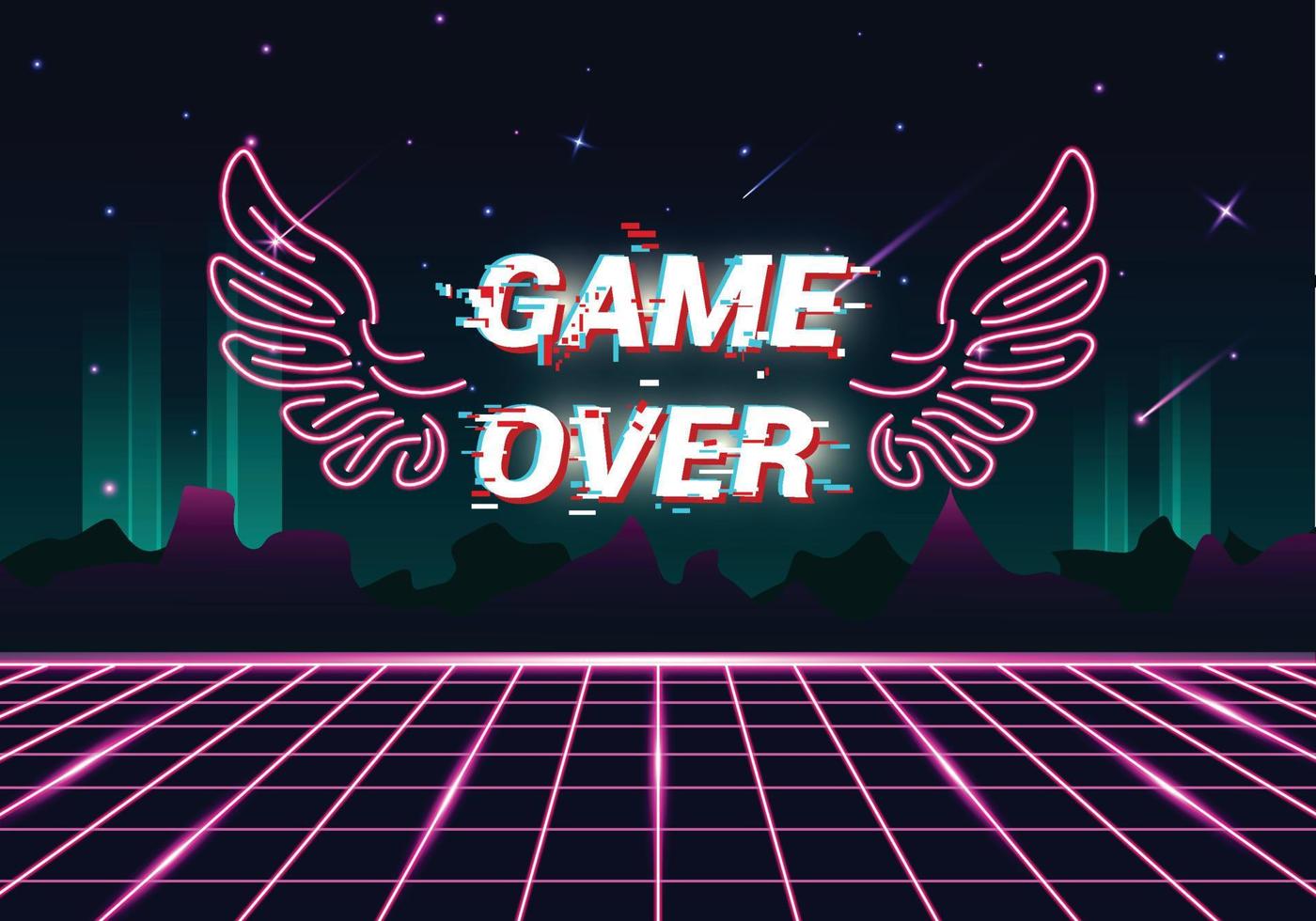 retro neon med bergsdekorationer och gameover-skrivning vektor