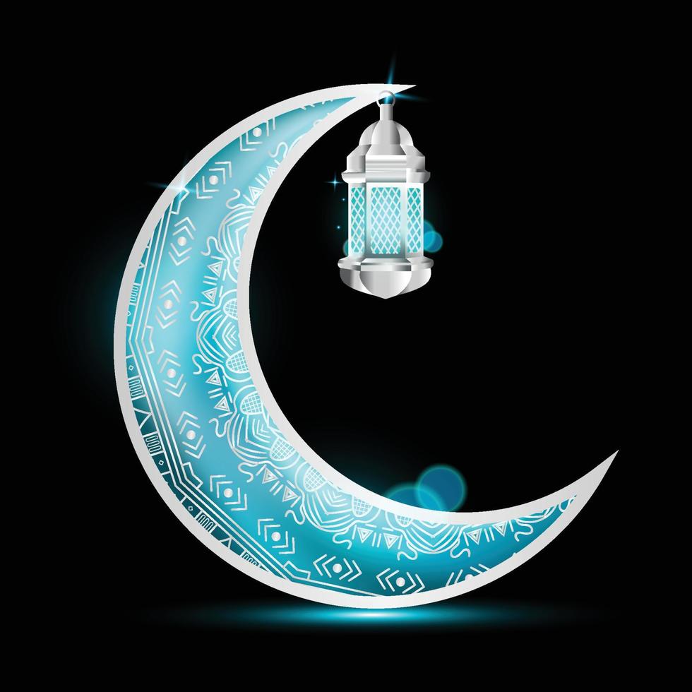 ramadan mit blauer monddekoration mit leuchtenden ornamenten und blauen lichtern vektor