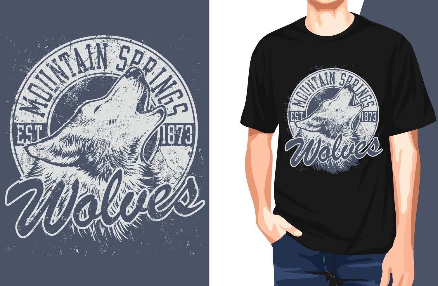 Mountain Springs 1873 Wolf Vintage T-Shirt. Kann für T-Shirt-Druck, Tassendruck, Kissen, Modedruckdesign, Kinderbekleidung, Babyparty, Gruß und Postkarte verwendet werden. T-Shirt-Design vektor