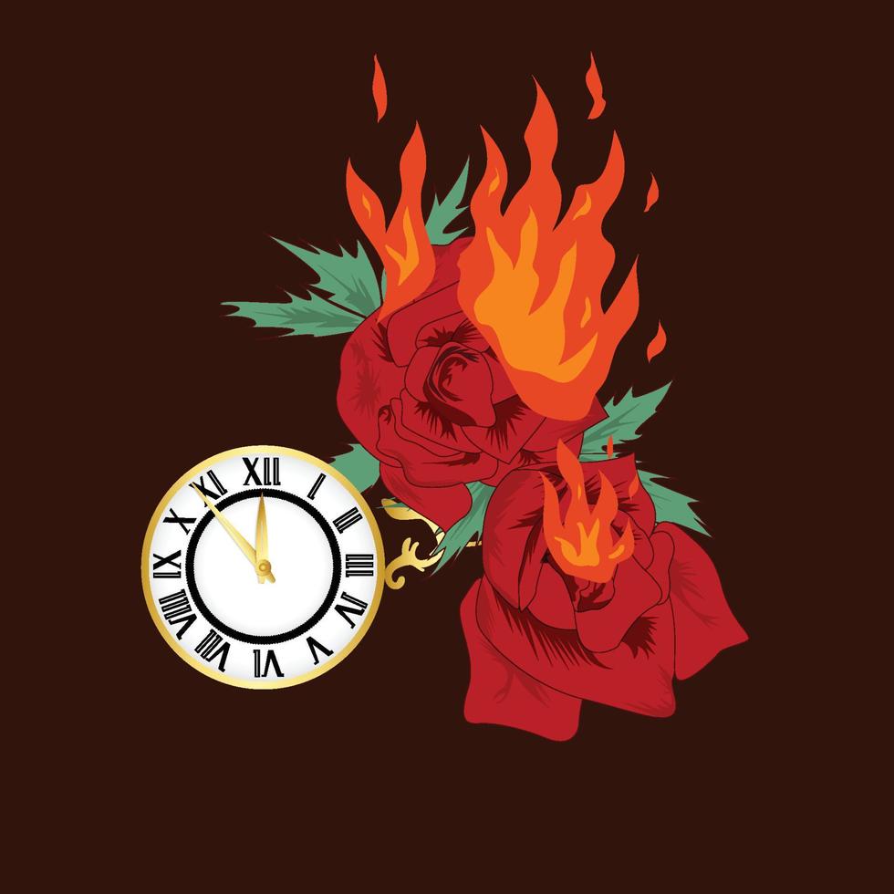 eine Rose mit goldener Uhr und Feuerdekoration vektor
