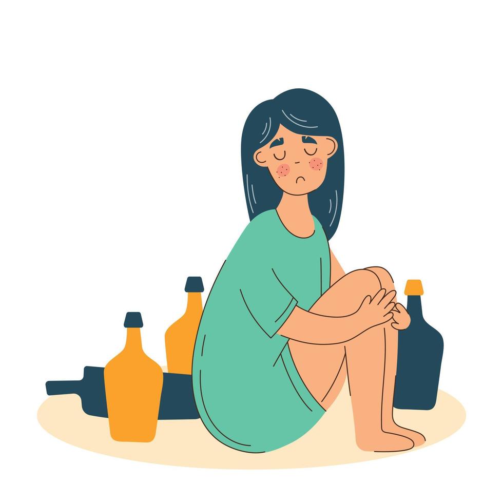 junge frau, die allein trinkt. Alkoholmissbrauch und Depressionsproblem bei Frauen. Frau Alkoholismus soziales Problem. vektor