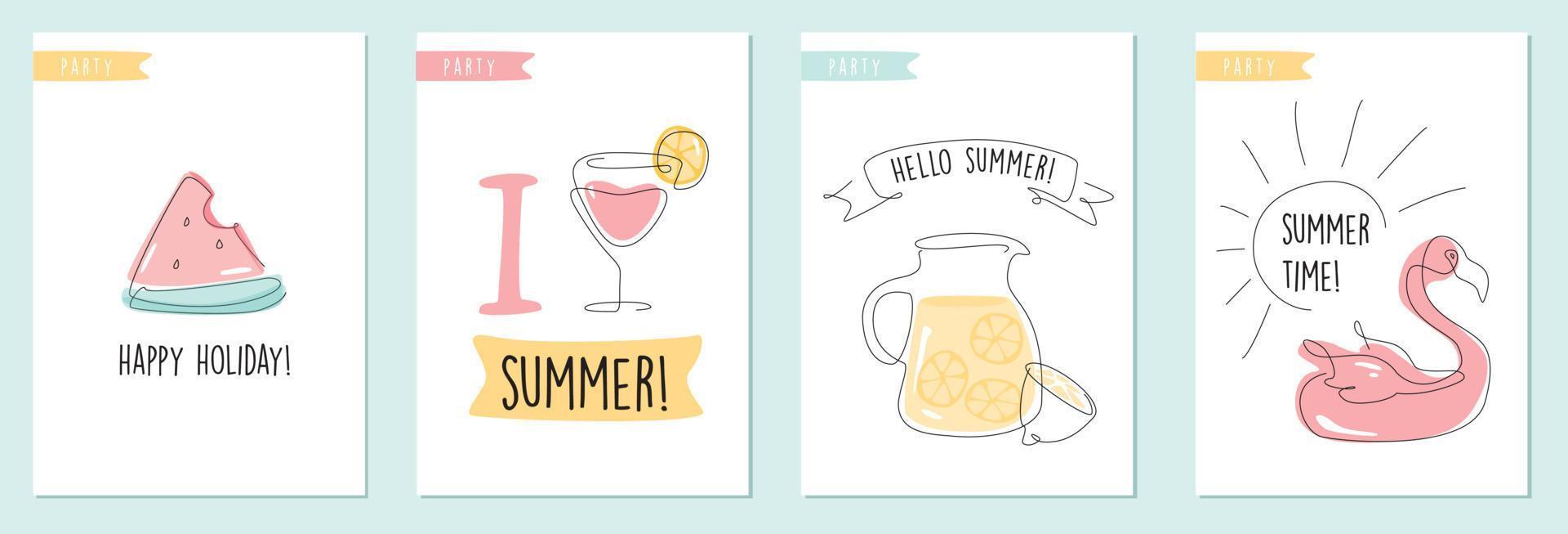 sommar vykort set. sommaraffischsamling. inbjudningskort med en rad konstillustrationer. vektor