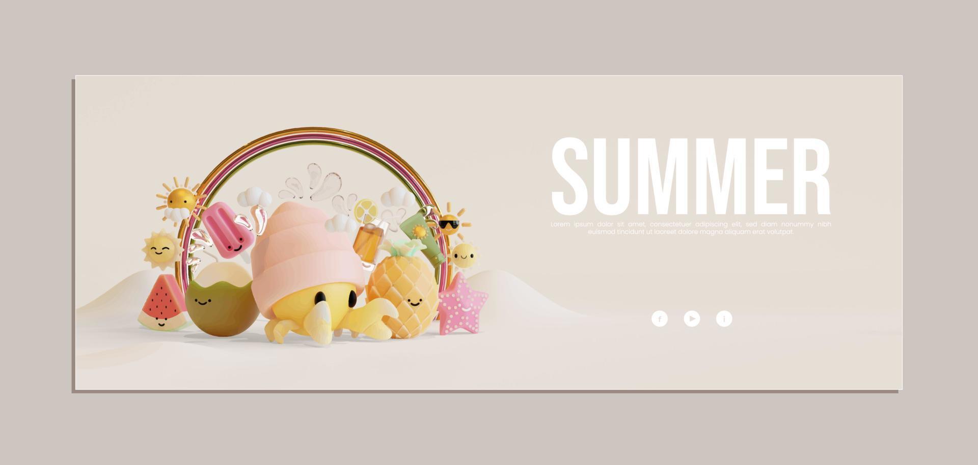 Sommer-Banner-Vorlage mit Einsiedlerkrebs 3D-Illustration vektor