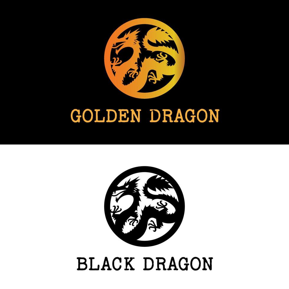 svart och gyllene drake Kina för asiatisk mytologi i cirkelform logotyp designikon vektor