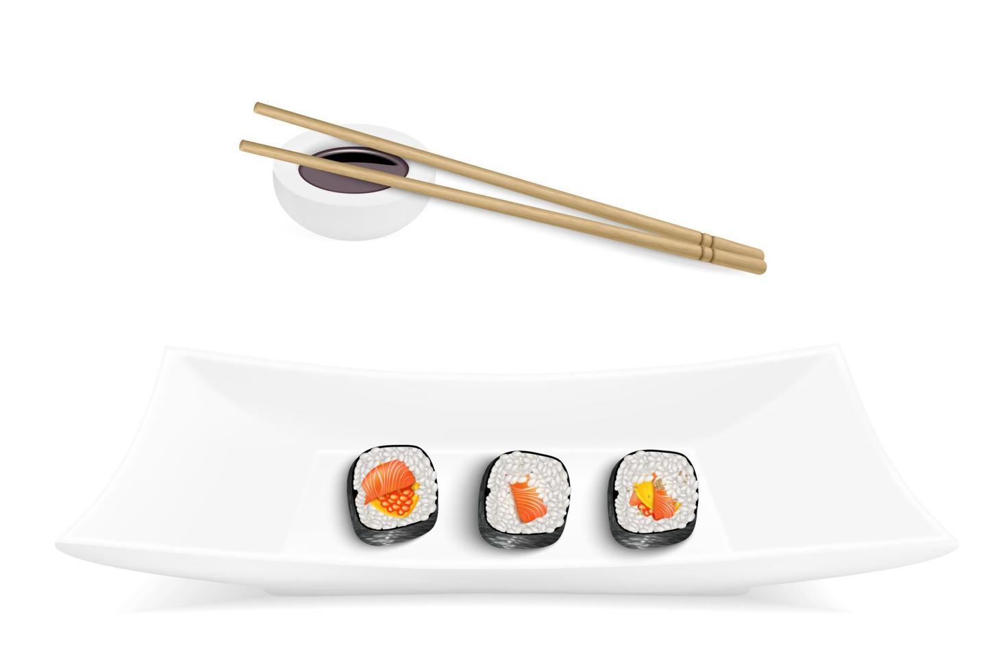 Vektor realistisches Sushi-Set. der teller ist rechteckig mit sushi, bambusstäbchen und sauce. Design-Design des Restaurants