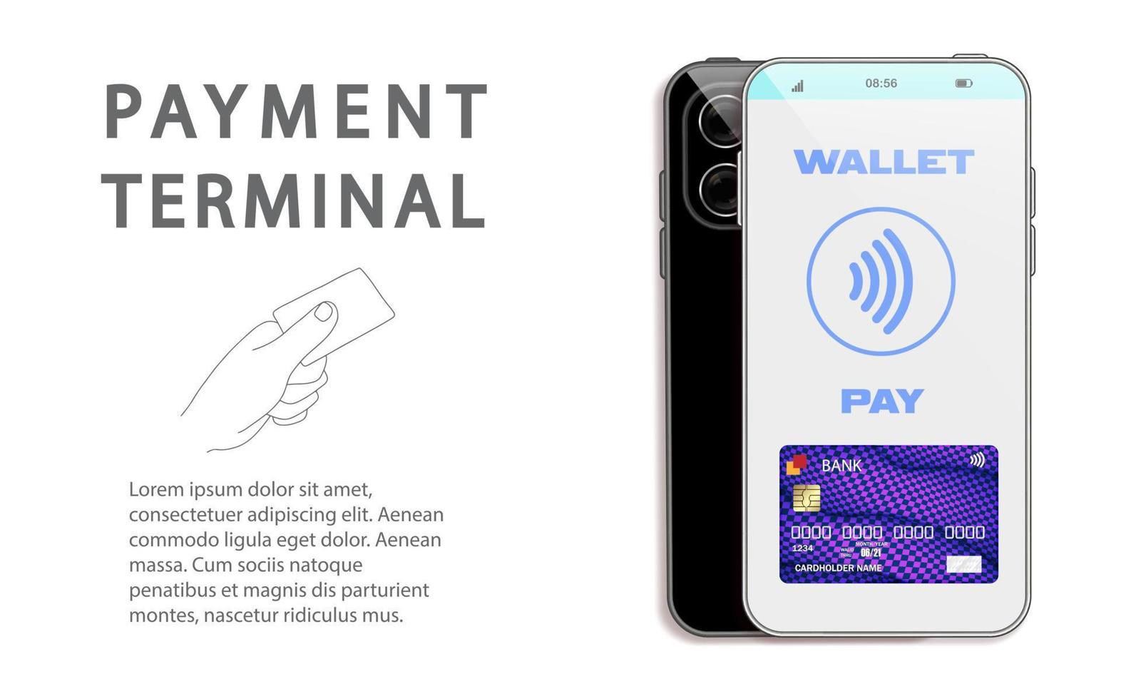 Vektor-Zahlungsautomat und Kreditkartenbanner. pos-terminal bestätigt die zahlung per debit kreditkarte, rechnung. Vektorillustration im flachen Design. NFC-Zahlungskonzept. vektor