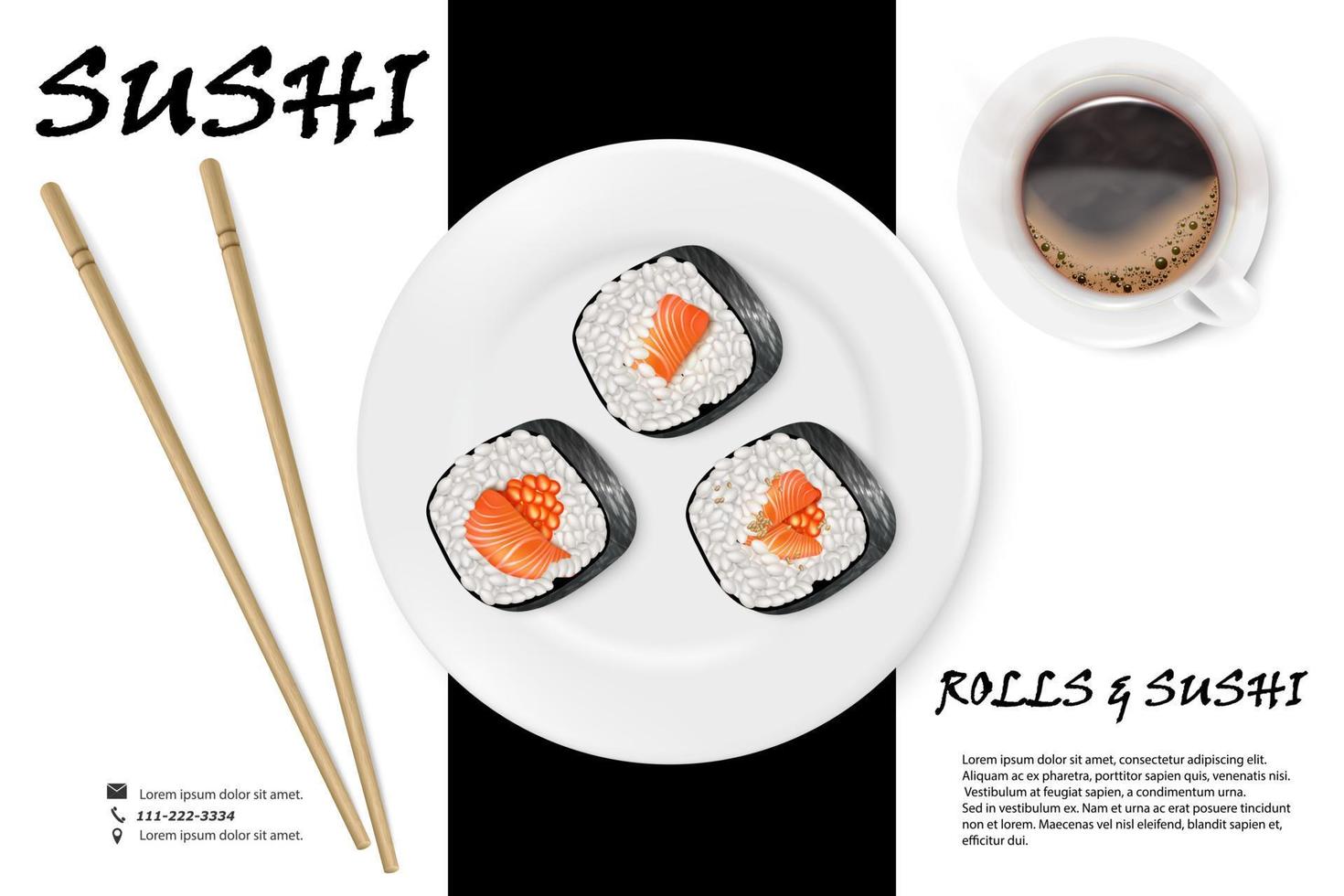 vektor realistisk bild av sushi på en vit platta med bambu pinnar och en kopp kaffe. restaurang sushi meny bakgrund. sushi reklam