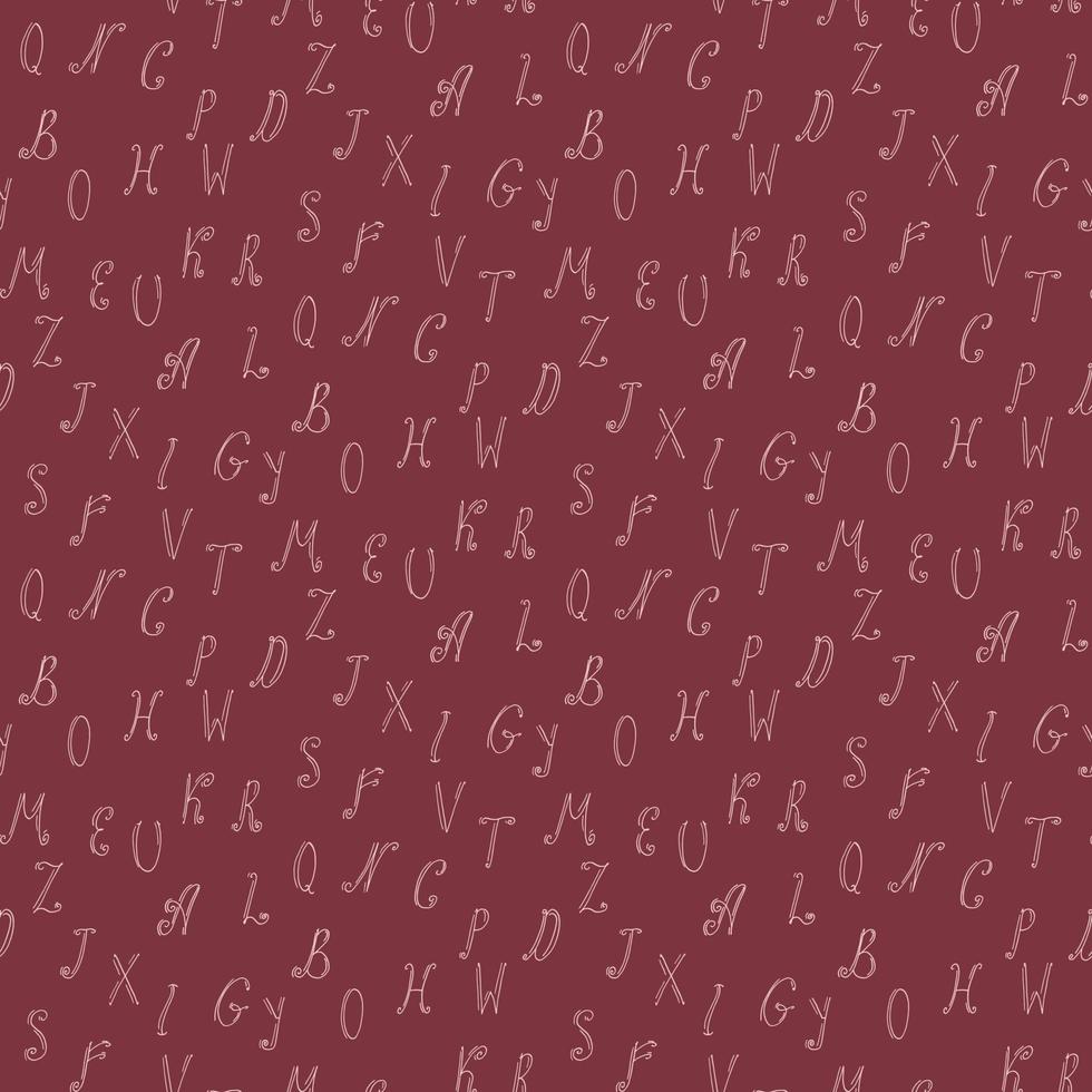 sömlösa mönster med ljusrosa bokstäver i det engelska alfabetet på mörkröd bakgrund för tyg, textil, kläder, filt och andra saker. vektor bild.