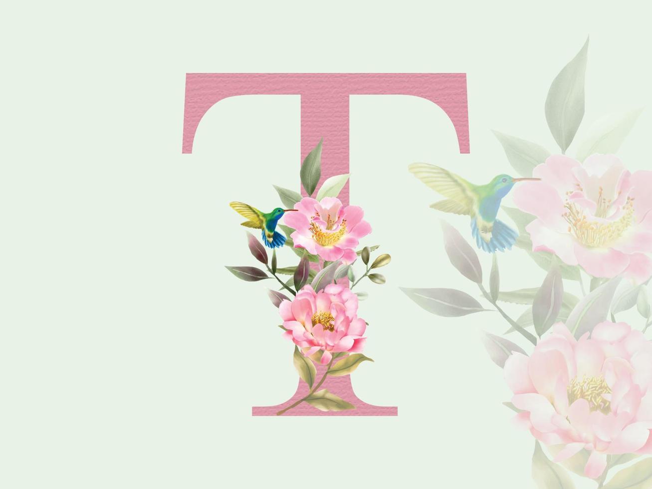 vackra alfabetet t med blommig bukett vektor