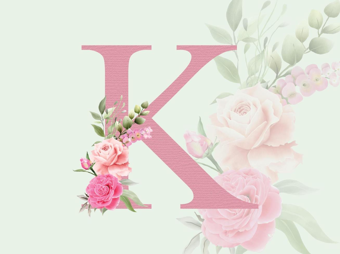 vackra alfabetet k med blommig bukett vektor