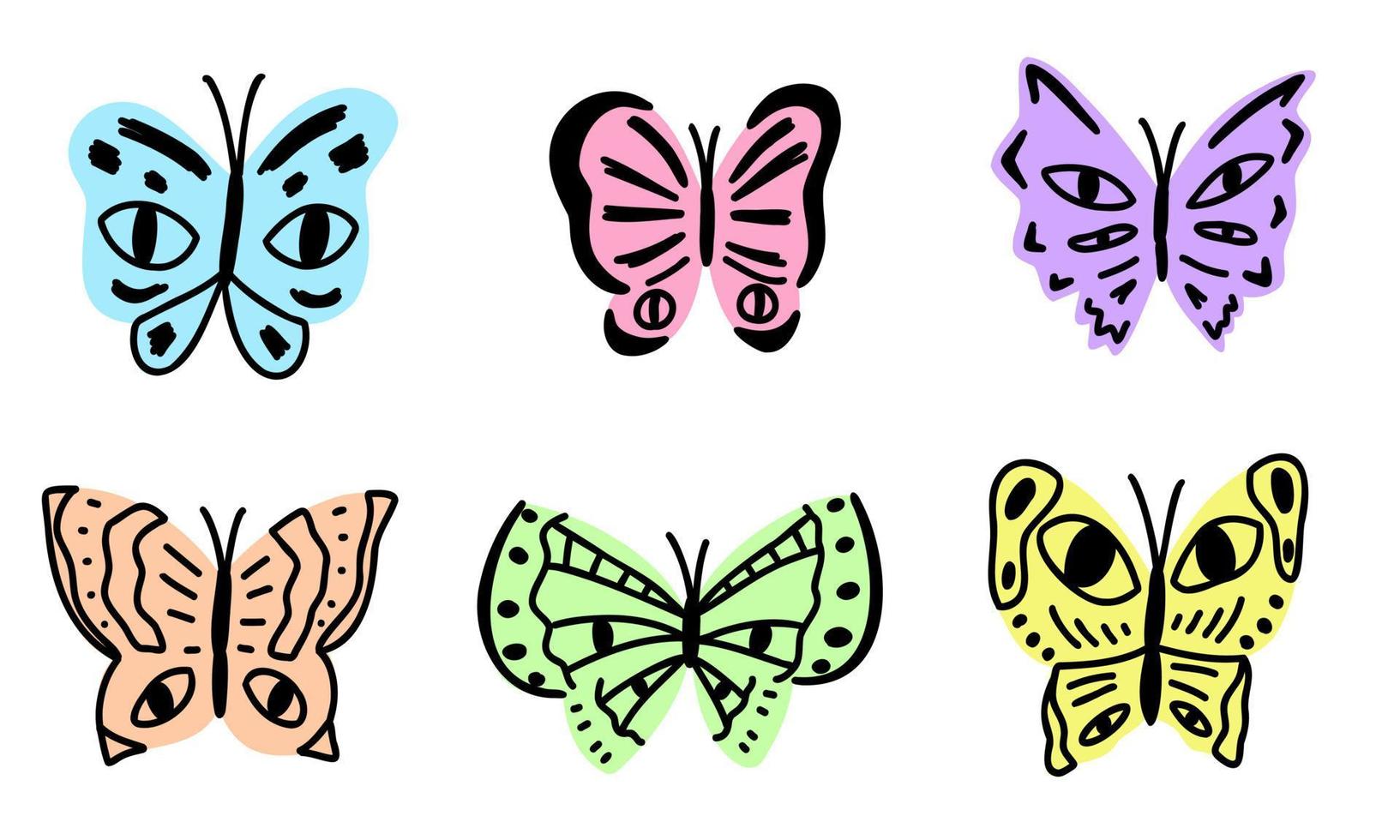 doodle söta fjärilar set, samling isolerade linje. botaniska handritad vektorillustration. vektor