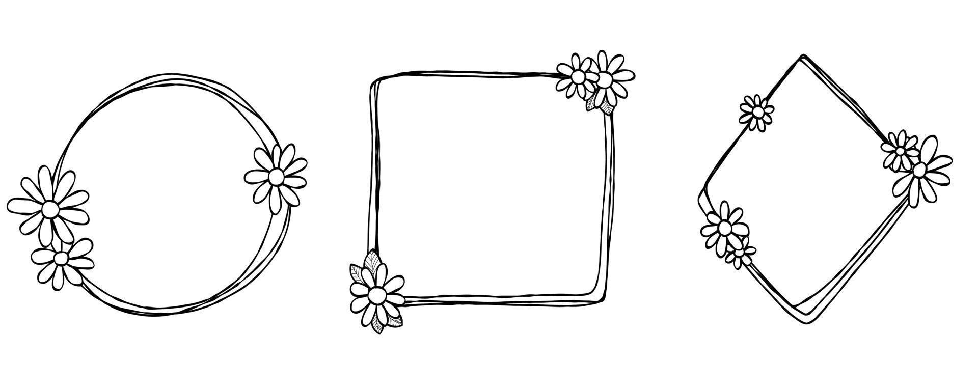 Gekritzelrahmen setzen Hand gezeichnet. Raute, Quadrat, Kreislinien mit Blumen, Blättern. valentinstag, für hochzeit isoliert. vektor